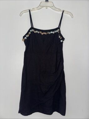 Black Spaghetti Strap linen Dress with beaded Shell Trim